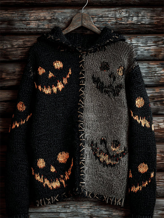 Halloween Pumpkin Faces Contrast Stitched Cozy Knit Hooded Sweater artswardrobe