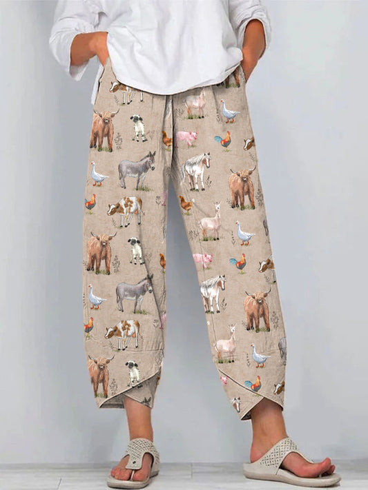 Farm Animals Print Linen Blend Casual Pants artswardrobe