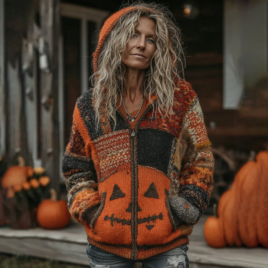 Halloween Pumpkin Face Patchwork Art  Cozy Knit Hooded Cardigan elevenforest