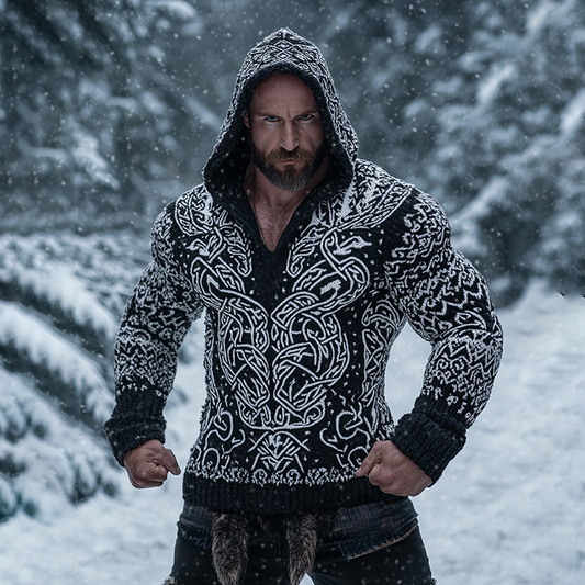 Men's Viking Tribal Wolf Jacquard Celtic Inspired Chunky Knit Hooded Sweater elevenforest