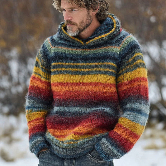Men's Vintage Rainbow Stripe Knit Jacquard Fairman Island Jacquard Thick Warm Hooded Sweater elevenforest
