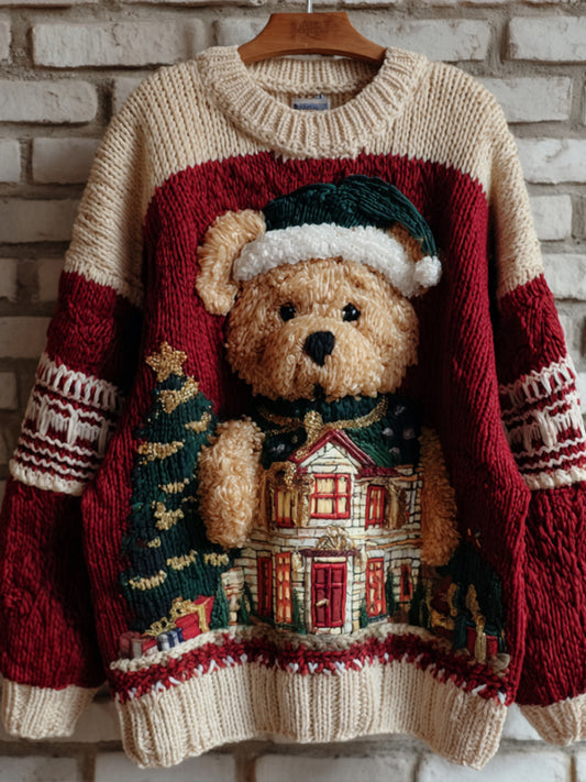 Christmas House And Teddy Bear Embroidered Round Neck Sweater artswardrobe