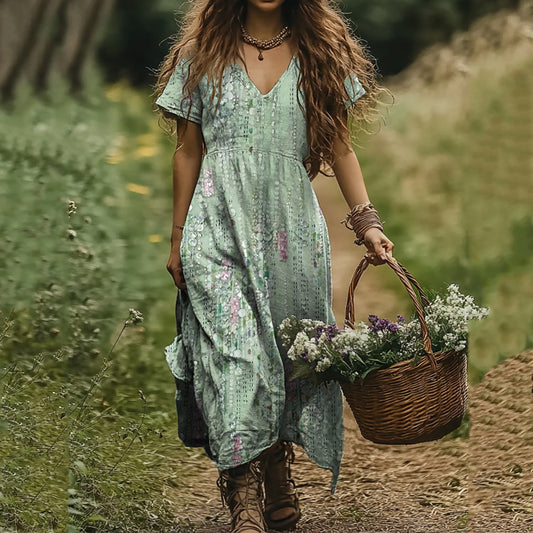 Women's Vintage Floral Art Print Linen Dress artswardrobe