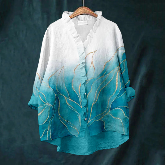 Comstylish Elegant Abstract Flower Art Linen Ruffle Shirt