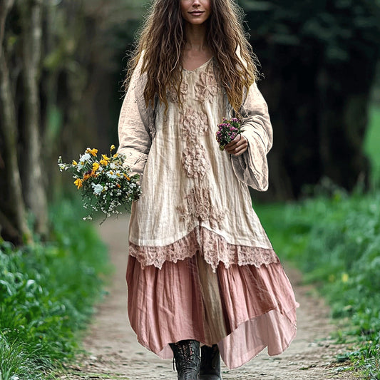 Bohemian Lace Patchwork Flowy Linen Dress artswardrobe