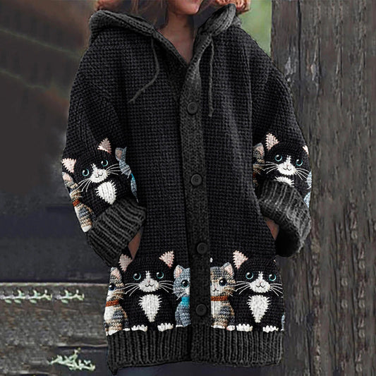 Vintage Cute Cat Art Women's Sweater Hooded Cardigan elevenforest