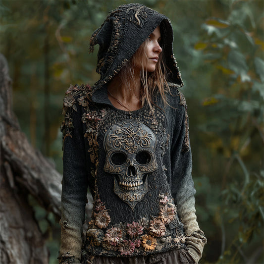 Vintage Skull Floral Fiber Art Comfy Knit Hooded Sweater artswardrobe