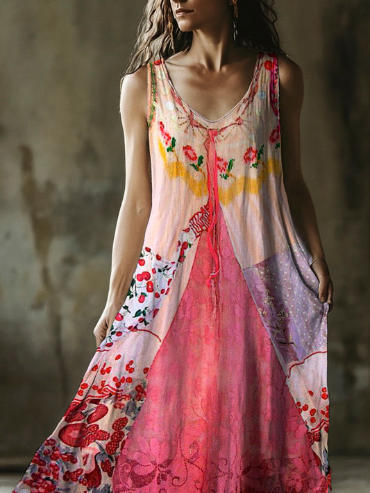 Vintage Floral Lace Patchwork Art Women's Linen Vest Dress artswardrobe