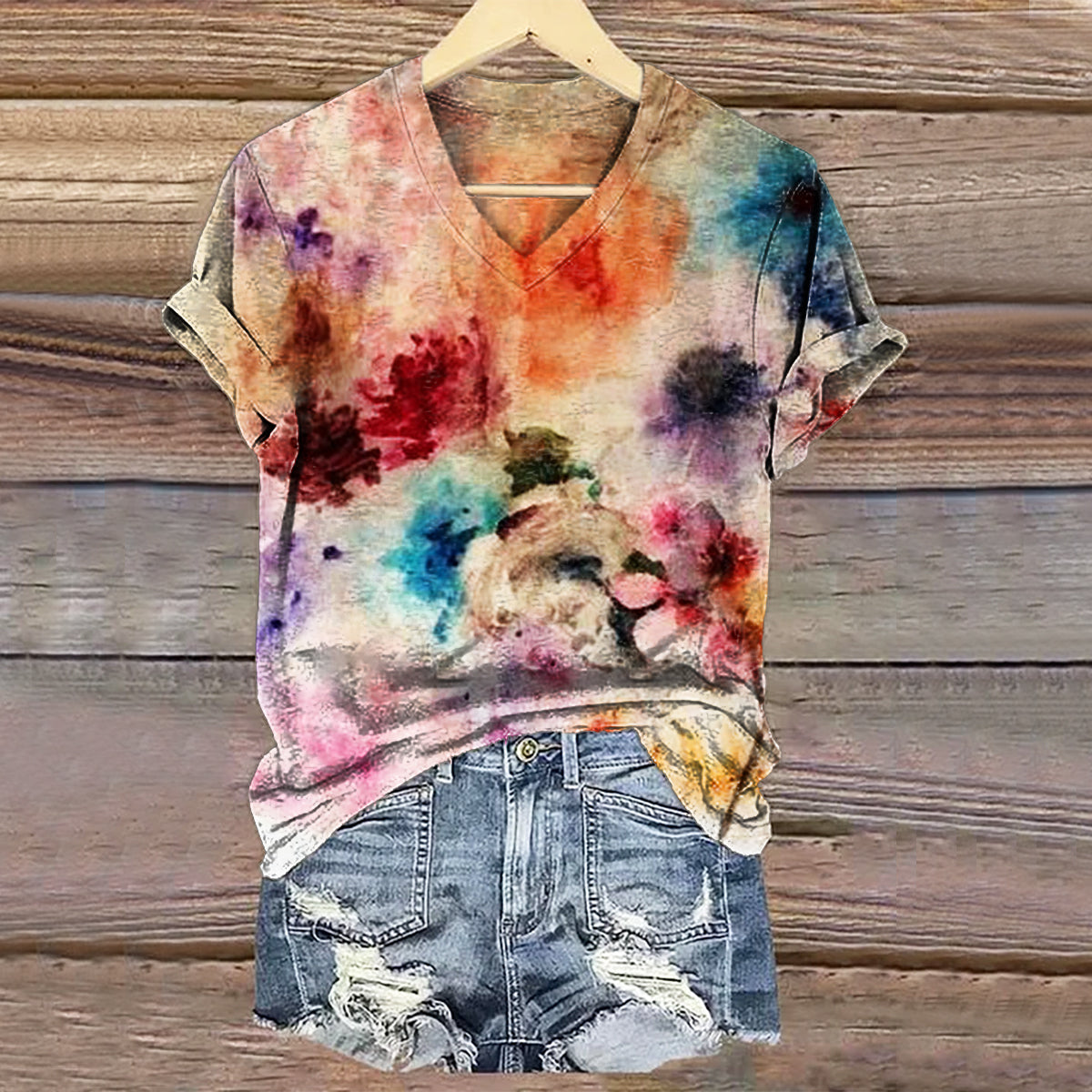 Women's Vintage Tie Dye Floral Art Print V-neck Casual T-Shirt