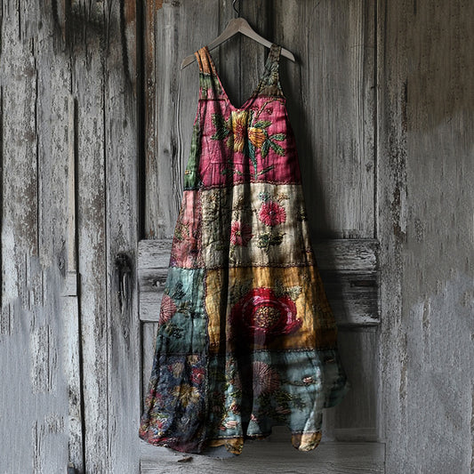 Women's Vintage Floral Patchwork Cotton And Linen Dress artswardrobe