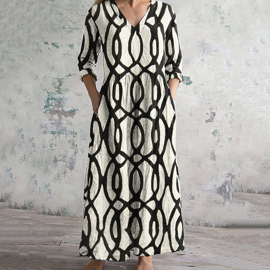 Geometric Print V-neck Linen Blend Midi Dress artswardrobe