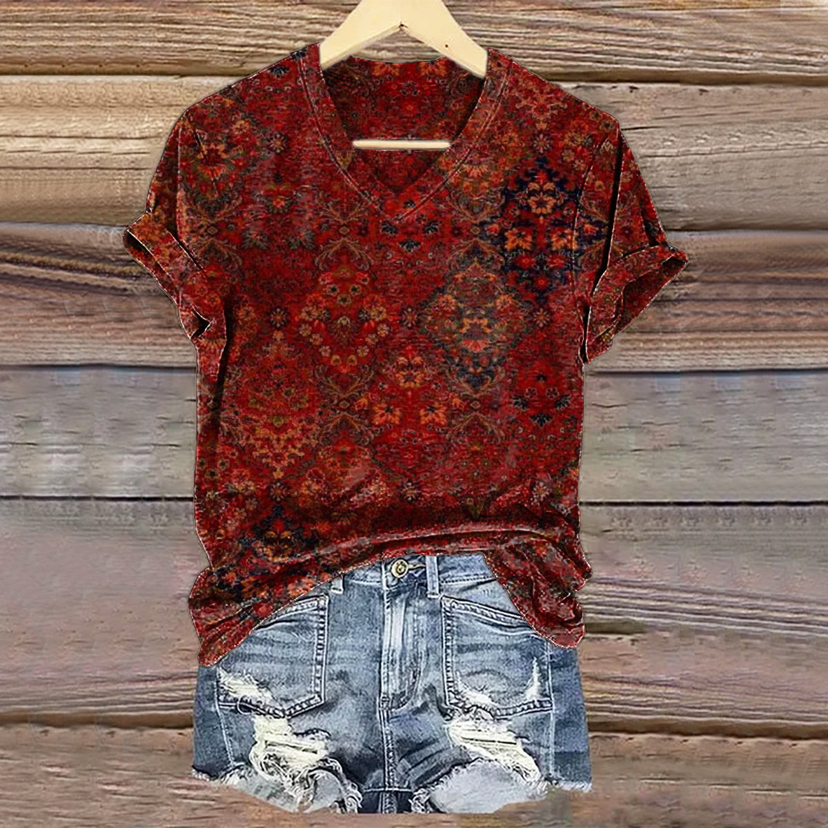 Women's Vintage Ethnic Floral Art Print V-neck Casual T-Shirt