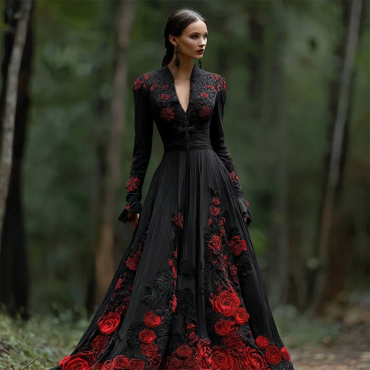 Comstylish Halloween Rose Gothic-style Women's V-neck Flowing Maxi Dress