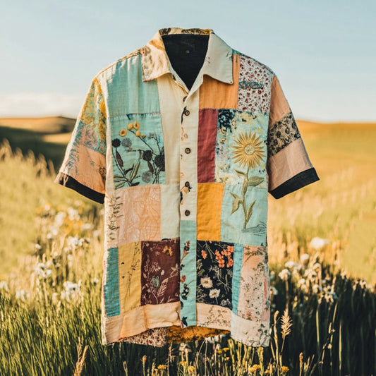 Men's Retro Floral Patchwork Contrast Color Linen Casual Shirt artswardrobe