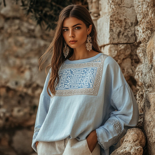 Vintage Greek Key Motif Patchwork Cotton Linen Long Sleeves Shirt artswardrobe