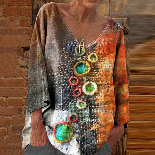 Retro Geometric Embroidery Contrast Color V-neck Linen Blend T-shirt artswardrobe
