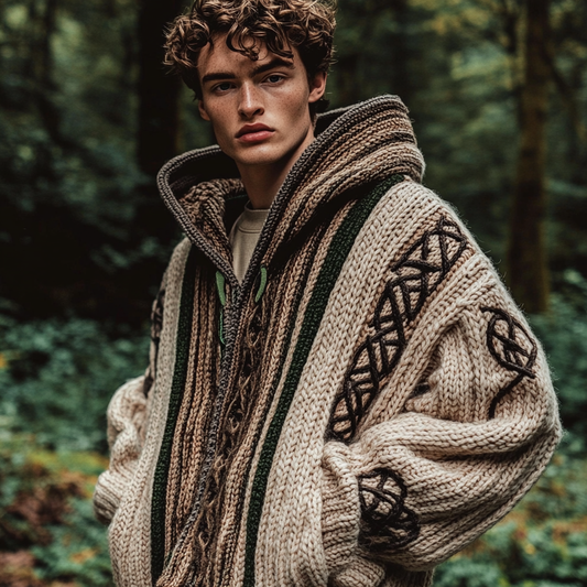 Mens Vintage Irish Celtic Chunky Stitch Comfort Warm Button Hooded Sweater artswardrobe