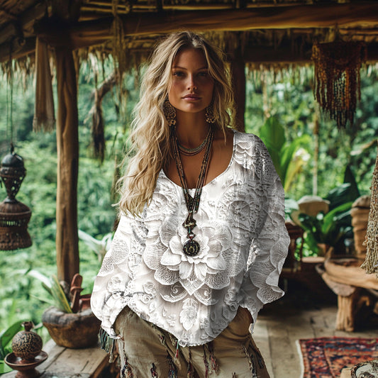 Comstylish Vintage Lace Floral Linen Blend Shirt