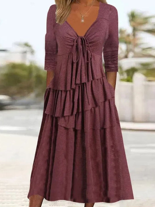 Casual V-Neck Solid Color Dress