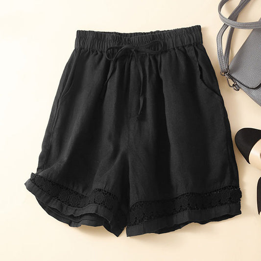 Women's Retro Solid Color Lace Elastic Waist Cotton And Linen Shorts artswardrobe