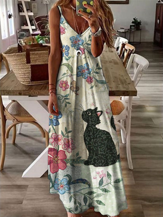 Cat in Nature Fiber Art V Neck Cami Maxi Dress