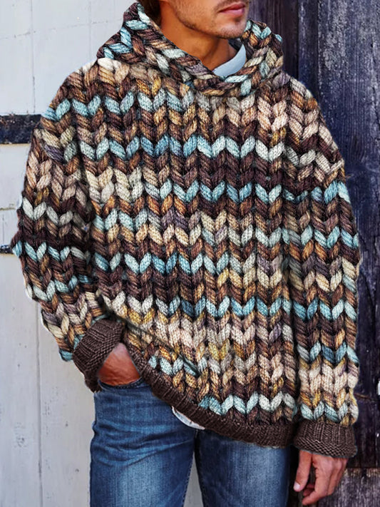 Men's Retro Earthy Colorful Knit Chunky Hooded Sweater elevenforest