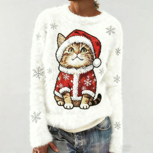 Women's Cute Cat Snowflake Embroidery Pattern Cozy Knit Sweater elevenforest