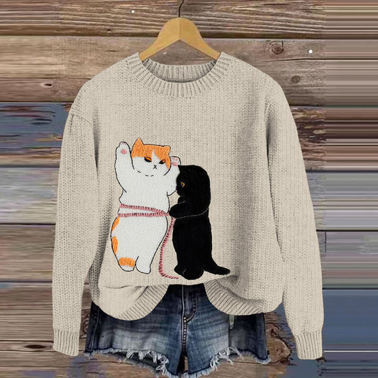 Cute Chubby Cat Embroidery Art Casual Sweater elevenforest