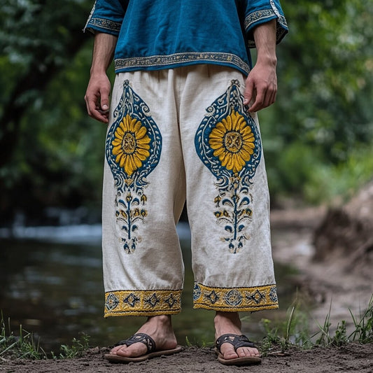 Men's Vintage Sunflower Floral Embroidered Casual Pants artswardrobe
