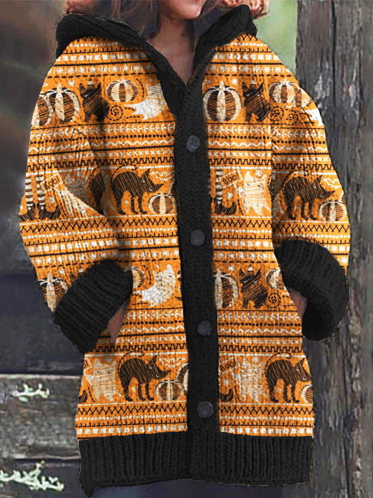 Black Cat Ghost And Black And White Pumpkin Halloween Pattern Women's Hooded Cardigan elevenforest