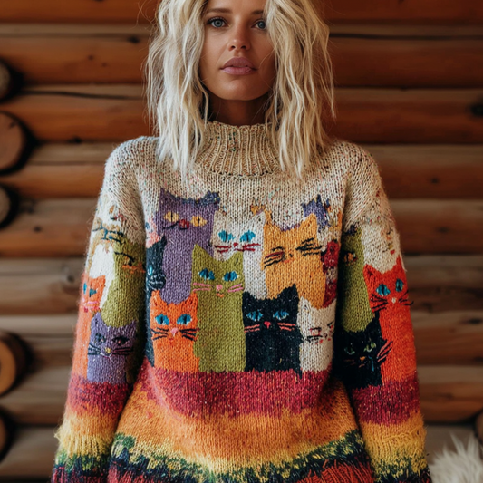 Rainbow Fun Cat Lady Winter Knit Sweater elevenforest