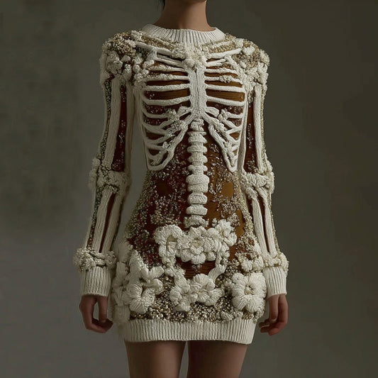 Women's Halloween Skeleton Art Gothic Knit Mini Sweater Dress artswardrobe