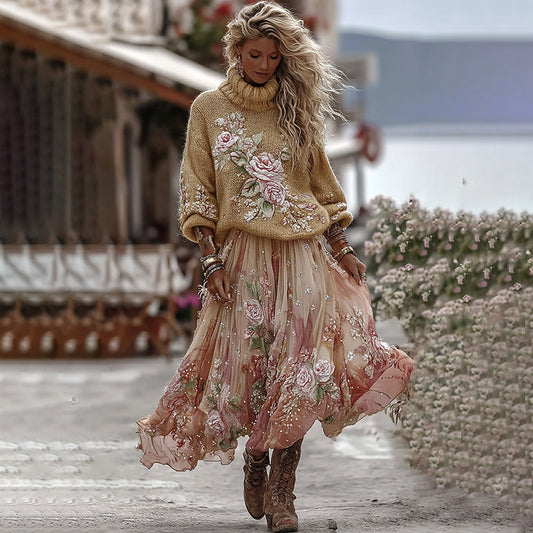 Vintage Rose In Gradient Yellow Art Cozy Knit Turtleneck Sweater And Linen Skirt Two-piece Set elevenforest