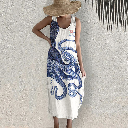 Comstylish Japanese Art Octopus Print Sleeveless Midi Dress