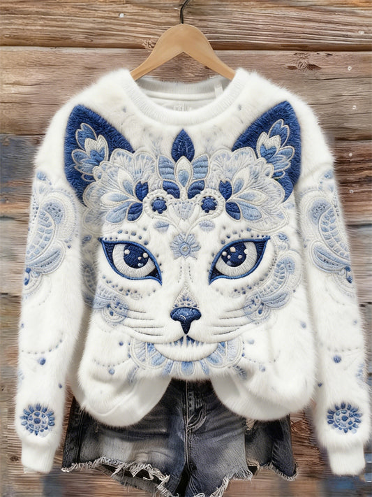 Comstylish Ethnic Floral Cat Face Embroidered Cozy Plush Sweatshirt