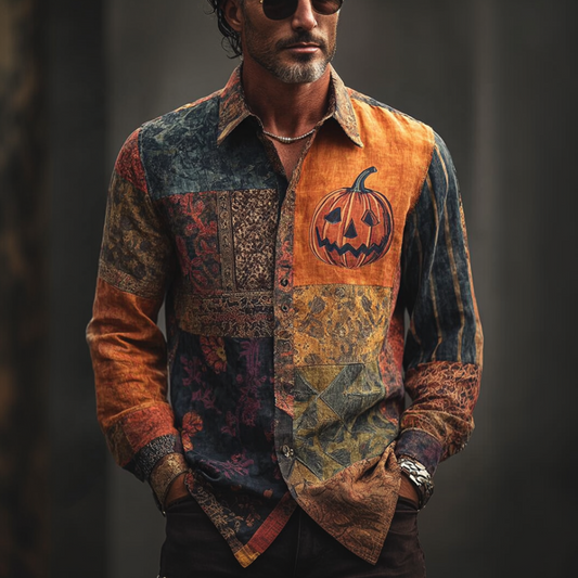 Halloween Pumpkin And Plant Flower Combination Design Men's Retro Cotton And Linen Shirt artswardrobe