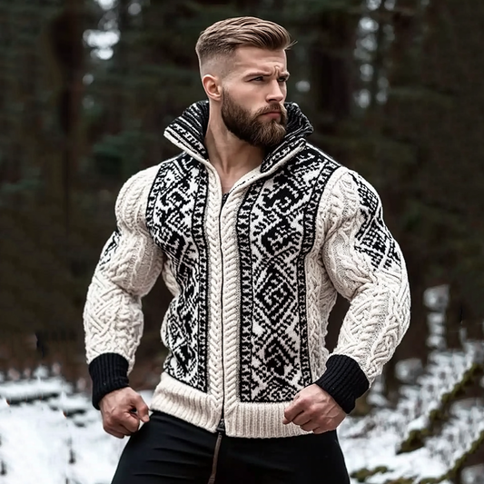 Men's Viking Tribal Geometry Jacquard Celtic Knit Cardigan Sweater elevenforest