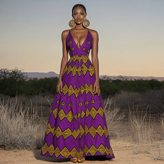 Retro African Tribal Floral Deep V Suspender Dress artswardrobe