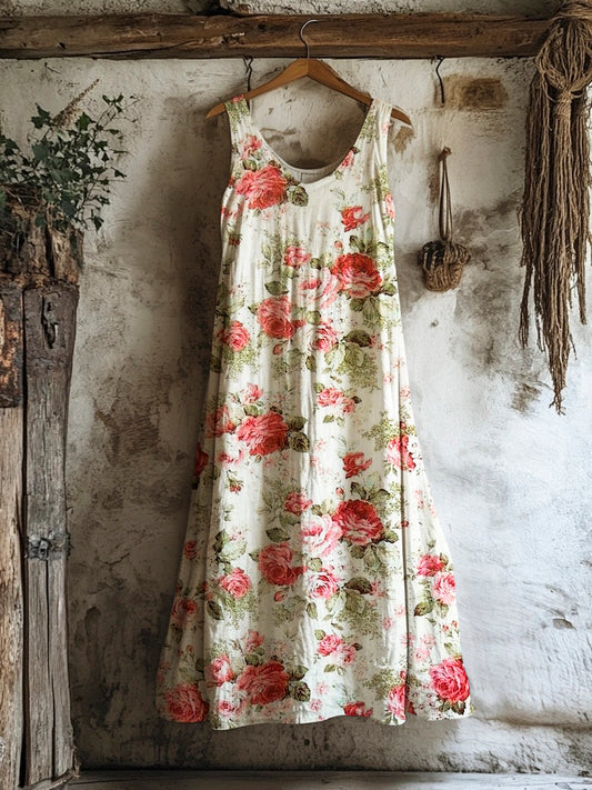 Vintage Rose Print Women's Linen Vest Dress artswardrobe