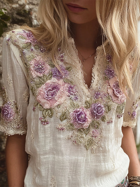 Comstylish Bohemian Lace Floral Embroidery Women's Linen V-neck Short Sleeve Shirt