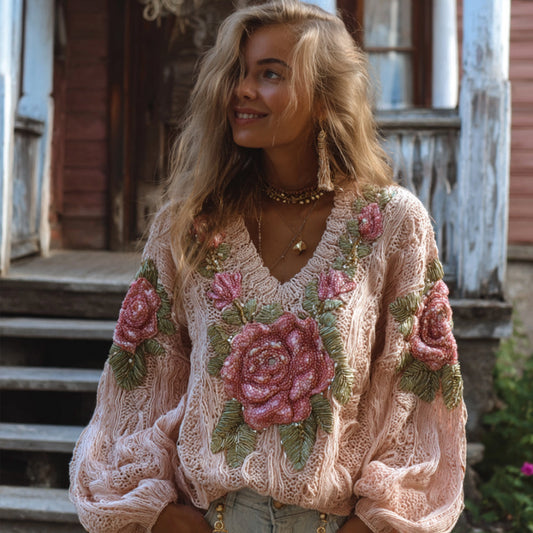 Women's Vintage Floral Pink V-neck Sweater elevenforest
