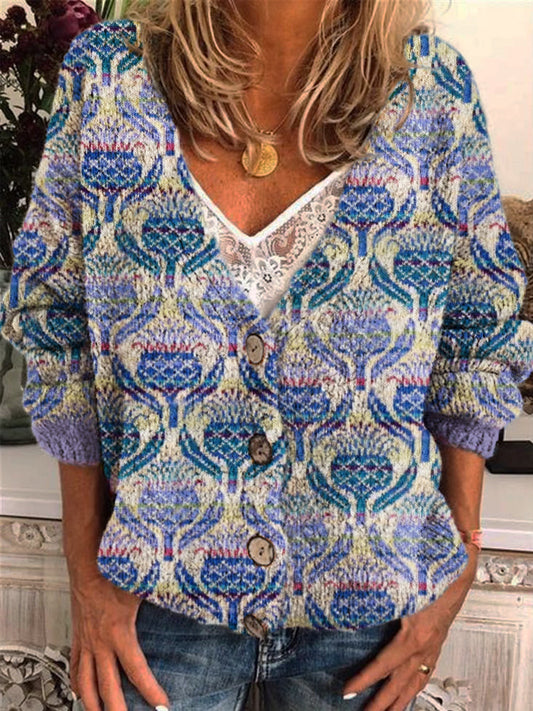 Elegant Scottish Thistle Flower Women's Knitted Cardigan elevenforest