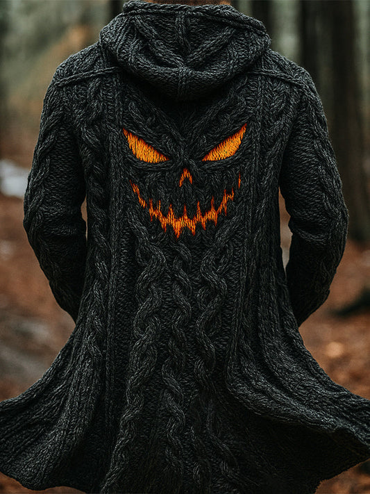 Halloween Evil Pumpkin Emoji Men's Chunky Knit Hooded Long Cardigan elevenforest