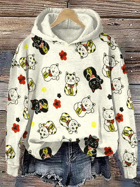 Lucky Cat Japanese Art Print Cotton Cozy Hoodie elevenforest