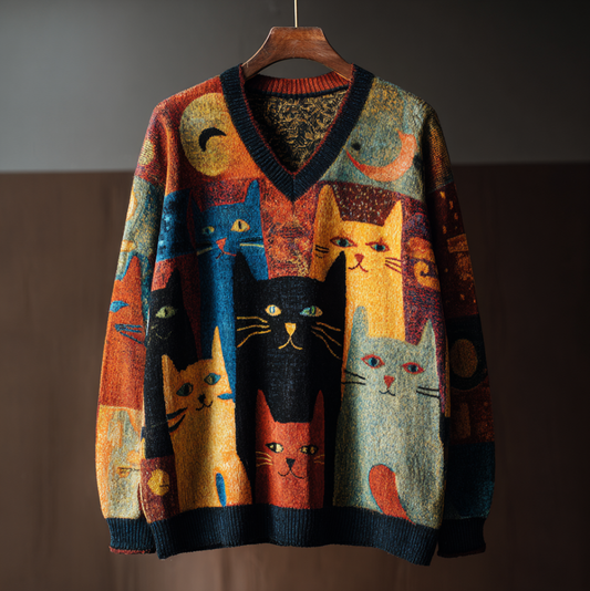 Japanese Art Men's V-neck Cat Pattern Sweater elevenforest