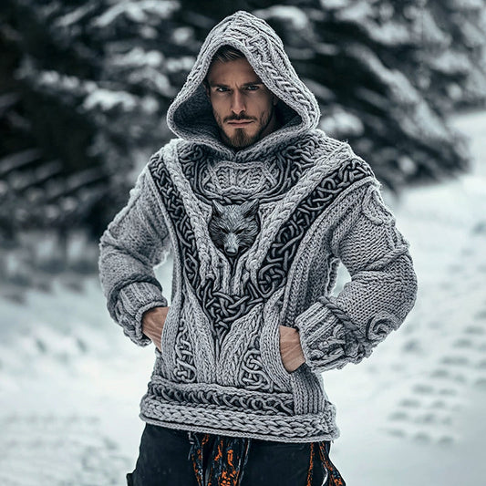 Men's Viking Tribal Wolf Inspired Chunky Knit Pocket Hooded Sweater elevenforest