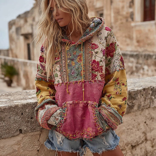 Women's Vintage Bohemian Floral Embroidery Patchwork Art Casual Hoodie