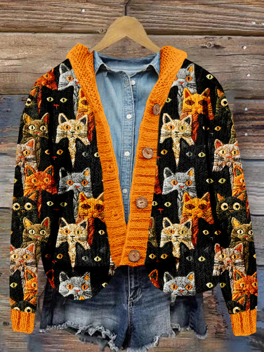 Halloween Embroidered Cat Cozy Hooded Cardigan artswardrobe