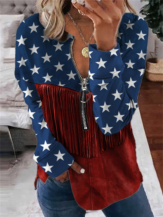 Comstylish American Flag Inspired Contrast Leather Art Zip Up Sweatshirt