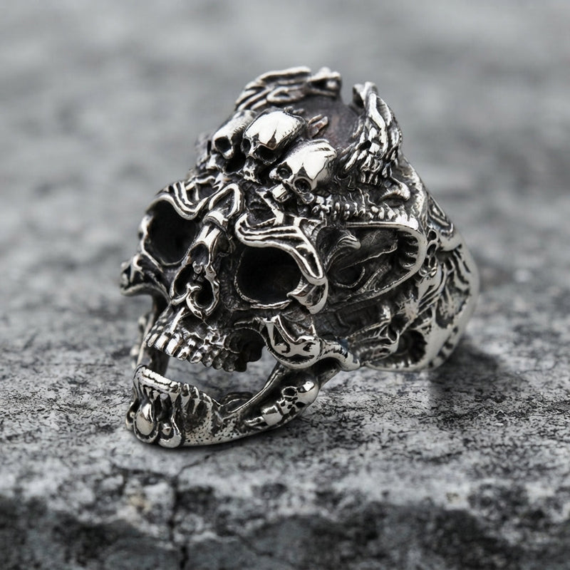Skull Ring with Ornate Dragon and Filigree Detail